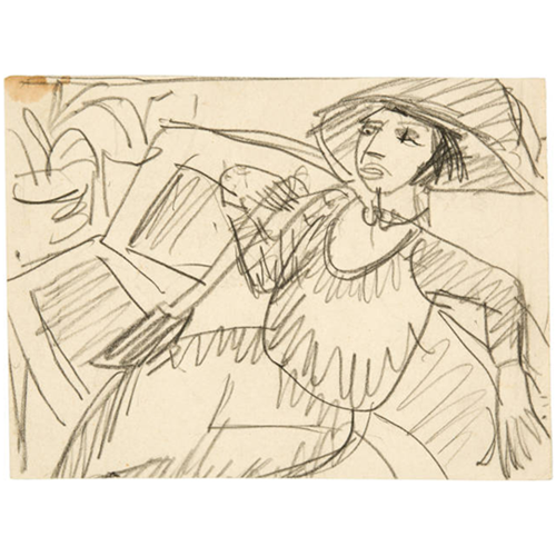 Vrouw met grote hoed in een tuincafé, 1912-1914